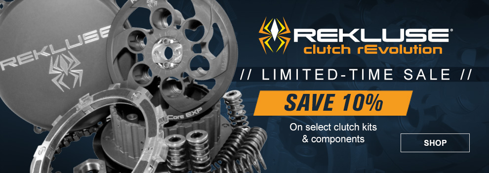 Rekluse Clutch Revolution, limited time sale, save ten percent, on select clutch kits and components, SHOP button